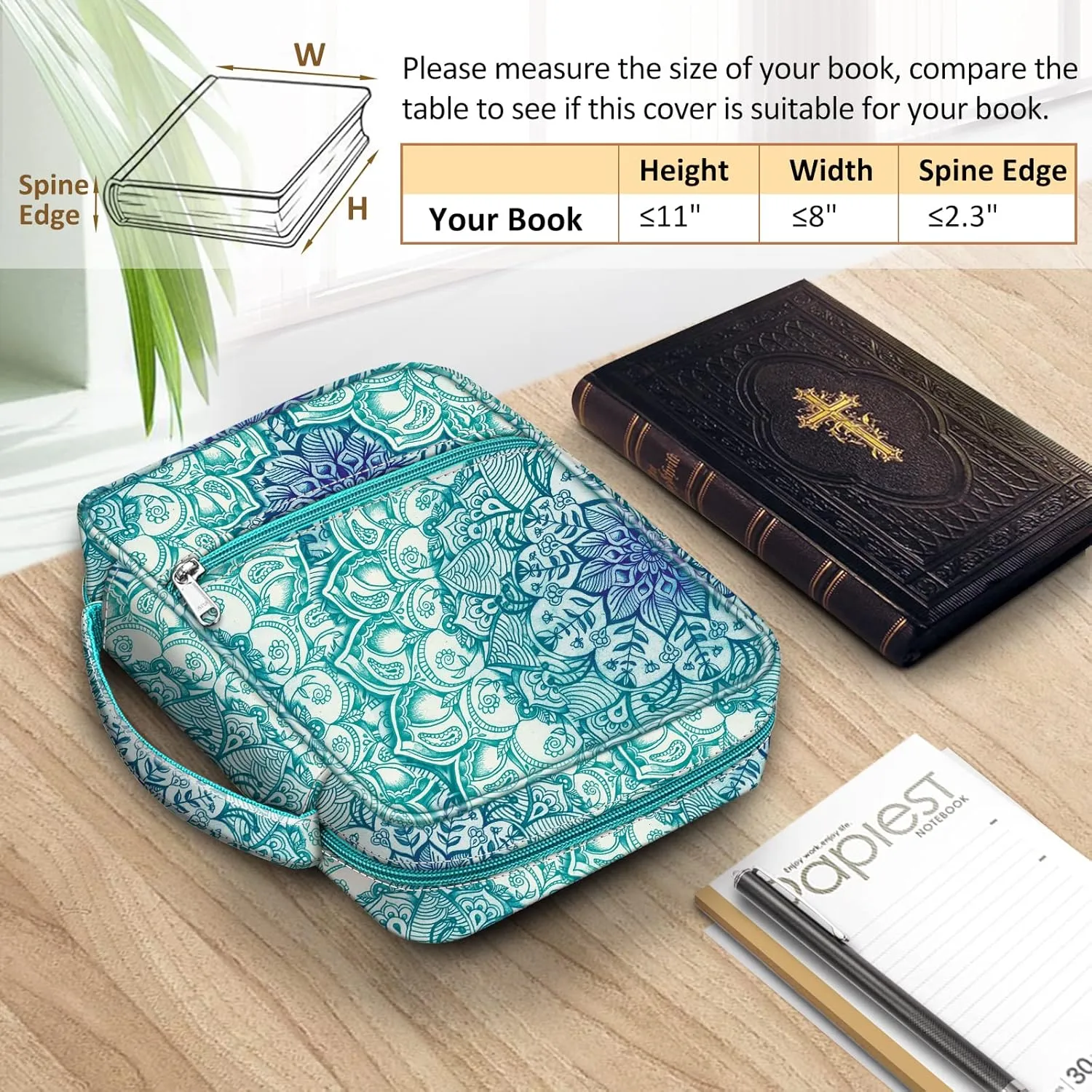 FINPAC Bible Cover, Carrying Book Case Church Bag Bible Protective with Handle and Zippered Pocket, Gift for Mother Lady Women Men, Emerald Illusions