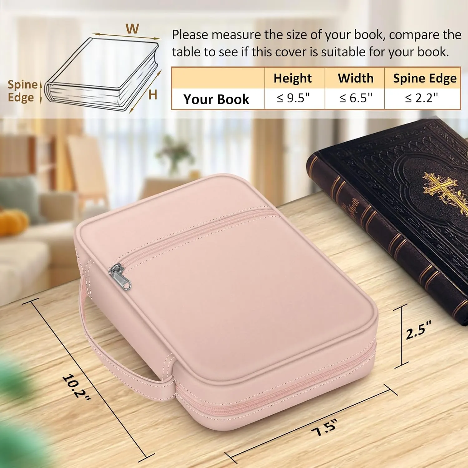 FINPAC Bible Cover Small Size Church Study Book Carrying Bag, Bible Protective Case with Handle and Zippered Pocket for Men Women Mother Lady, Pink