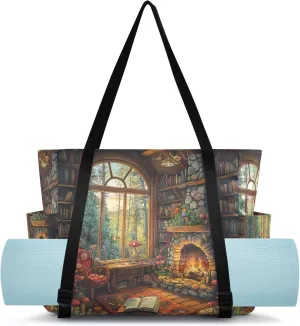 Fireplace Book Brown Yoga Mat Bag Carrier Water Resistant Pilates Bag Large Workout Gym Tote Bag with Water Bottle Holder for Women Men Office Accessories