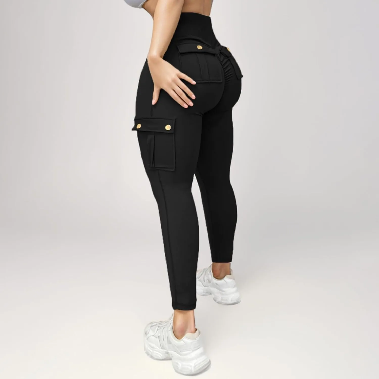 Fitness Exercise Skinny Yoga Cargo Pants for Women Multi Pockets Solid Color High Waisted Ankle Length Tights Leggings