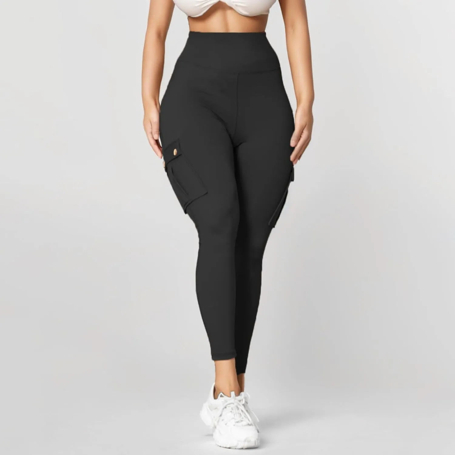 Fitness Exercise Skinny Yoga Cargo Pants for Women Multi Pockets Solid Color High Waisted Ankle Length Tights Leggings
