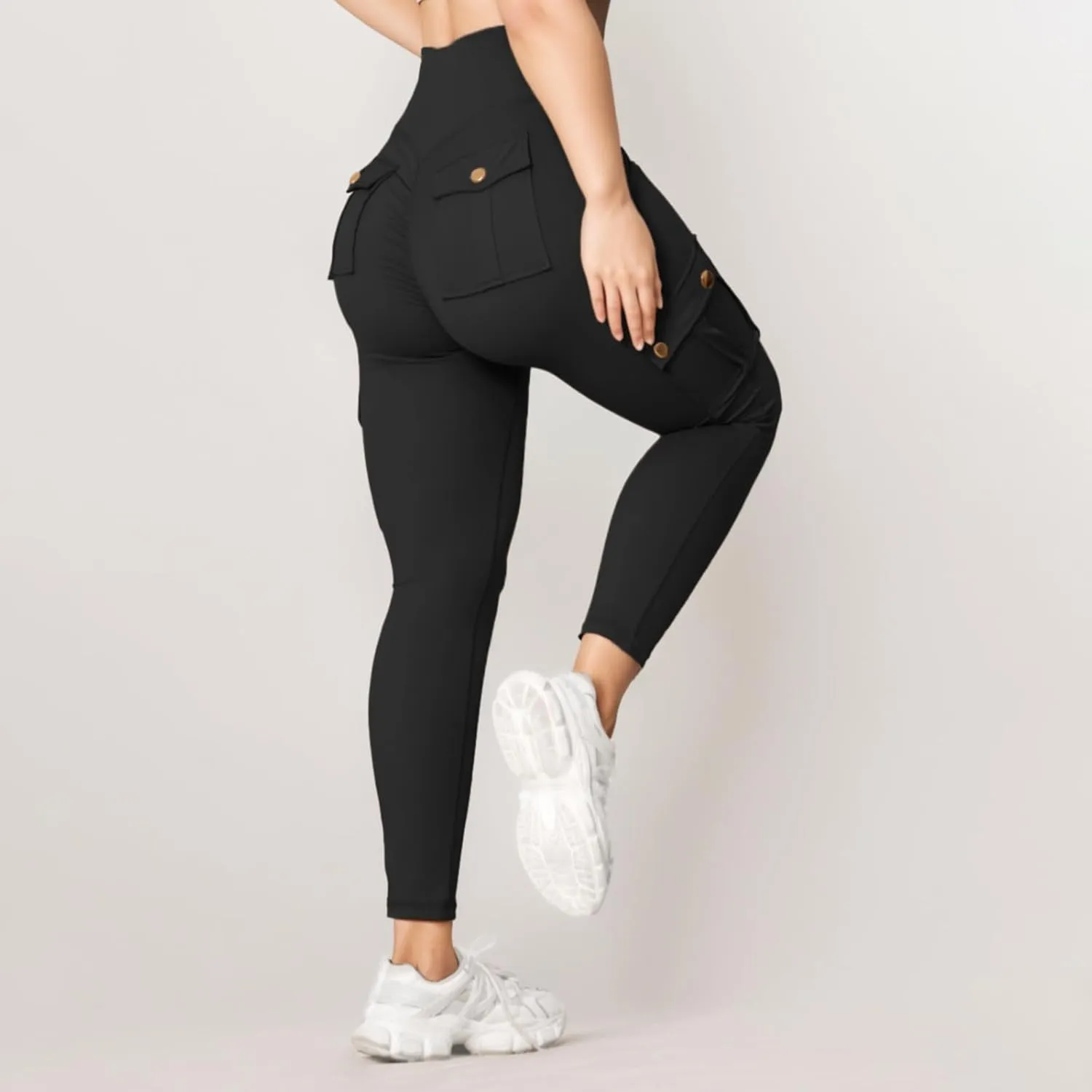 Fitness Exercise Skinny Yoga Cargo Pants for Women Multi Pockets Solid Color High Waisted Ankle Length Tights Leggings