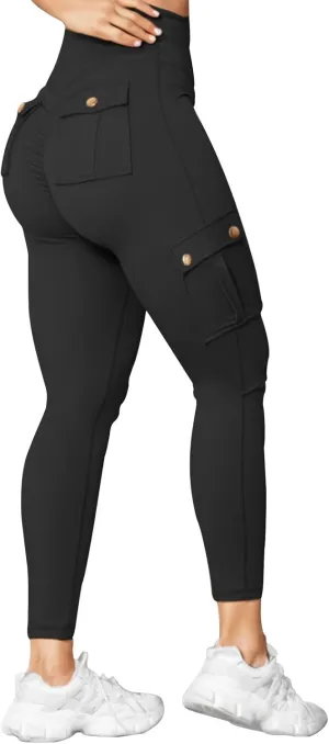 Fitness Exercise Skinny Yoga Cargo Pants for Women Multi Pockets Solid Color High Waisted Ankle Length Tights Leggings