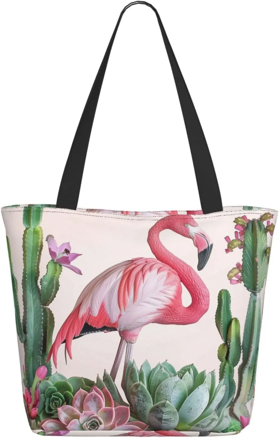 Flamingo Succulent Print Tote Bag Large Handbag Lightweight Shoulder Bag with Zipper for Shopping School Work Travel Black One Size, black, Einheitsgröße