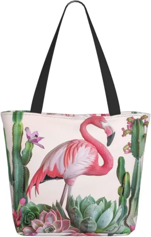 Flamingo Succulent Print Tote Bag Large Handbag Lightweight Shoulder Bag with Zipper for Shopping School Work Travel Black One Size, black, Einheitsgröße