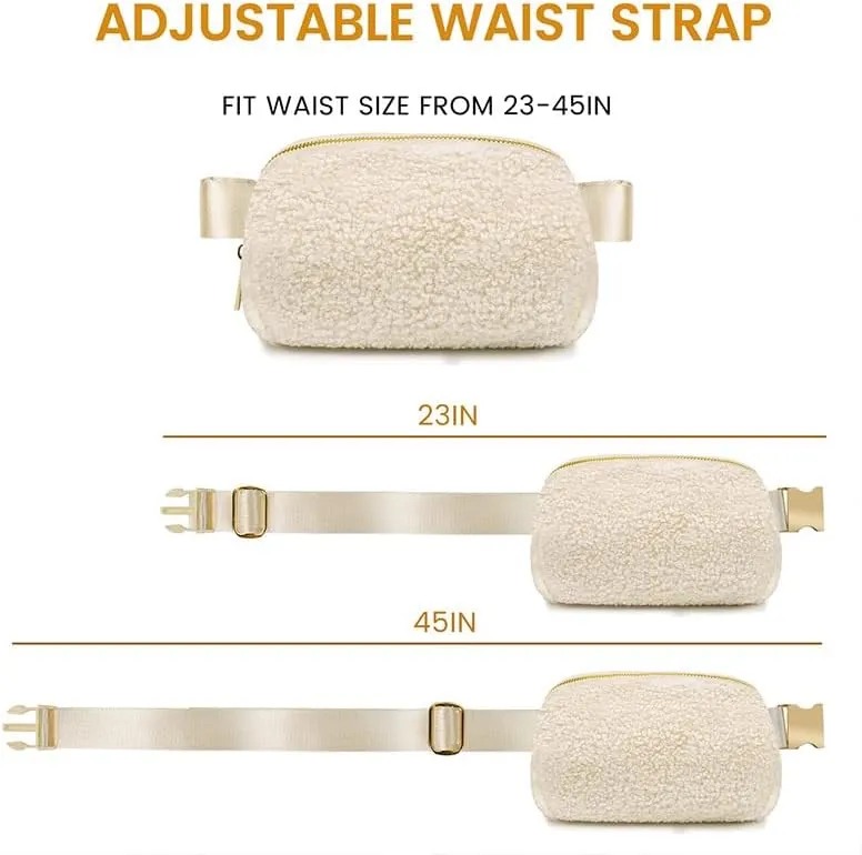Fleece Belt Bag Gold Hardware Women Sherpa Crossbody Waist Bag Cute Small Fanny Sling Pack with Extended Strap (Black)