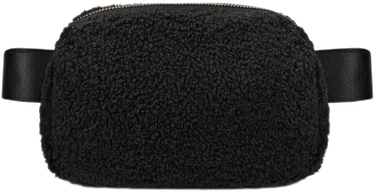 Fleece Belt Bag Gold Hardware Women Sherpa Crossbody Waist Bag Cute Small Fanny Sling Pack with Extended Strap (Black)