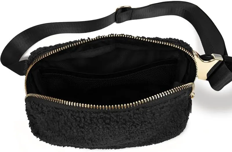Fleece Belt Bag Gold Hardware Women Sherpa Crossbody Waist Bag Cute Small Fanny Sling Pack with Extended Strap (Black)