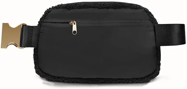 Fleece Belt Bag Gold Hardware Women Sherpa Crossbody Waist Bag Cute Small Fanny Sling Pack with Extended Strap (Black)