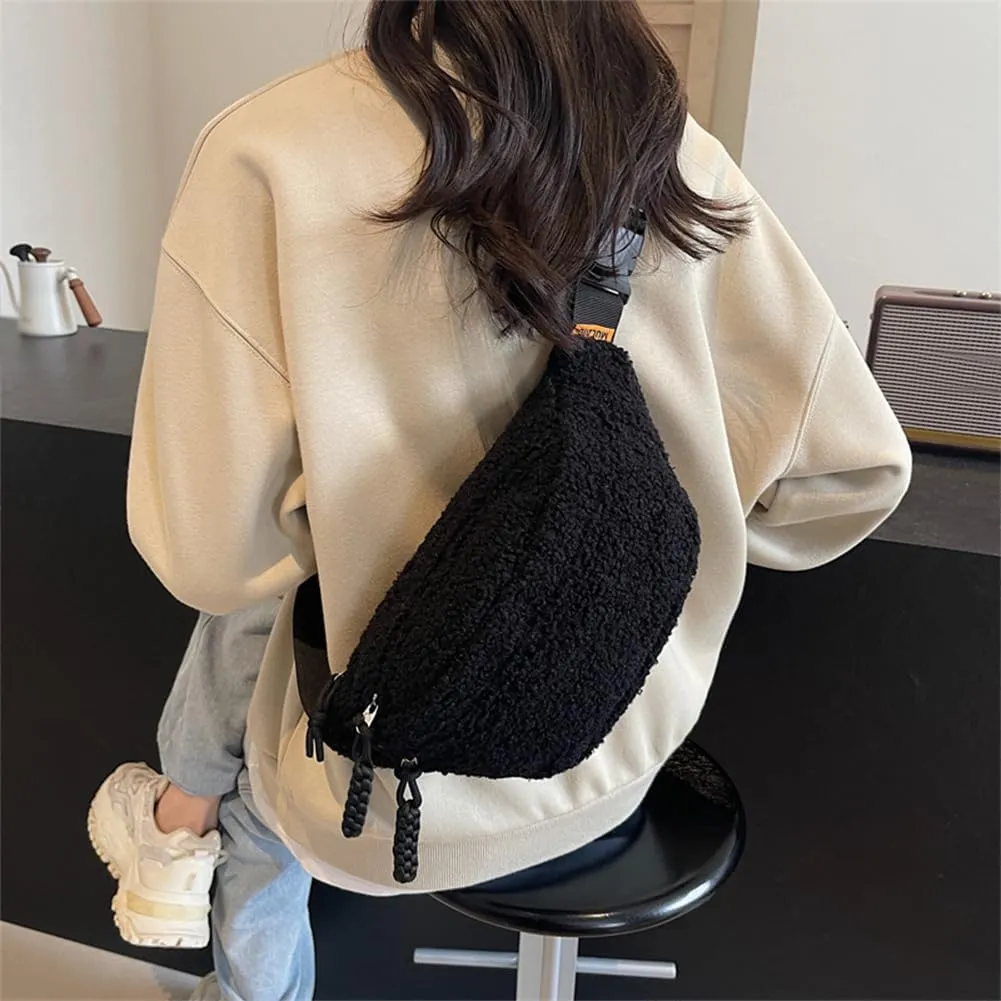 Fleece Sherpa Crossbody Bag for Women Mini Everywhere Belt Bag Trendy Fashionable Cute Waist Pouch Cute Bum Hip Waist Pack Travel Chest Bag (Black)
