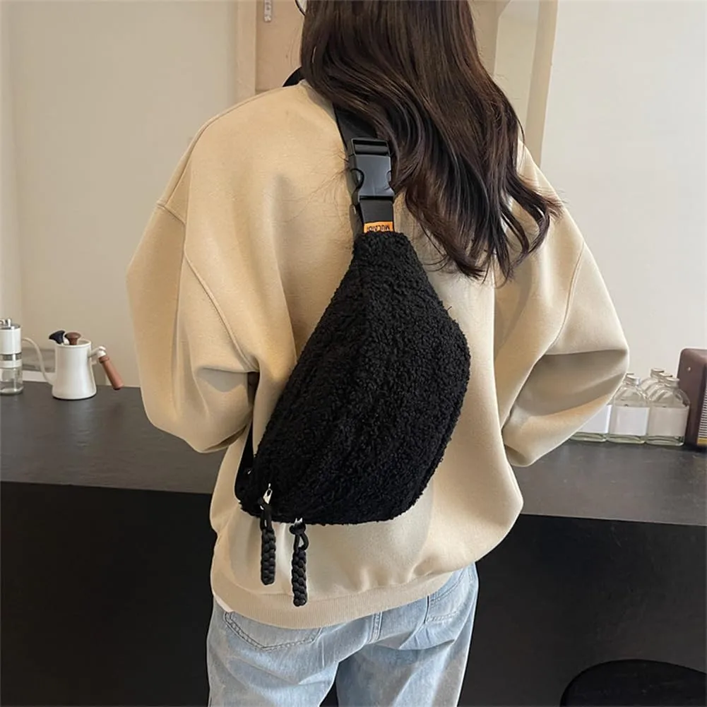 Fleece Sherpa Crossbody Bag for Women Mini Everywhere Belt Bag Trendy Fashionable Cute Waist Pouch Cute Bum Hip Waist Pack Travel Chest Bag (Black)