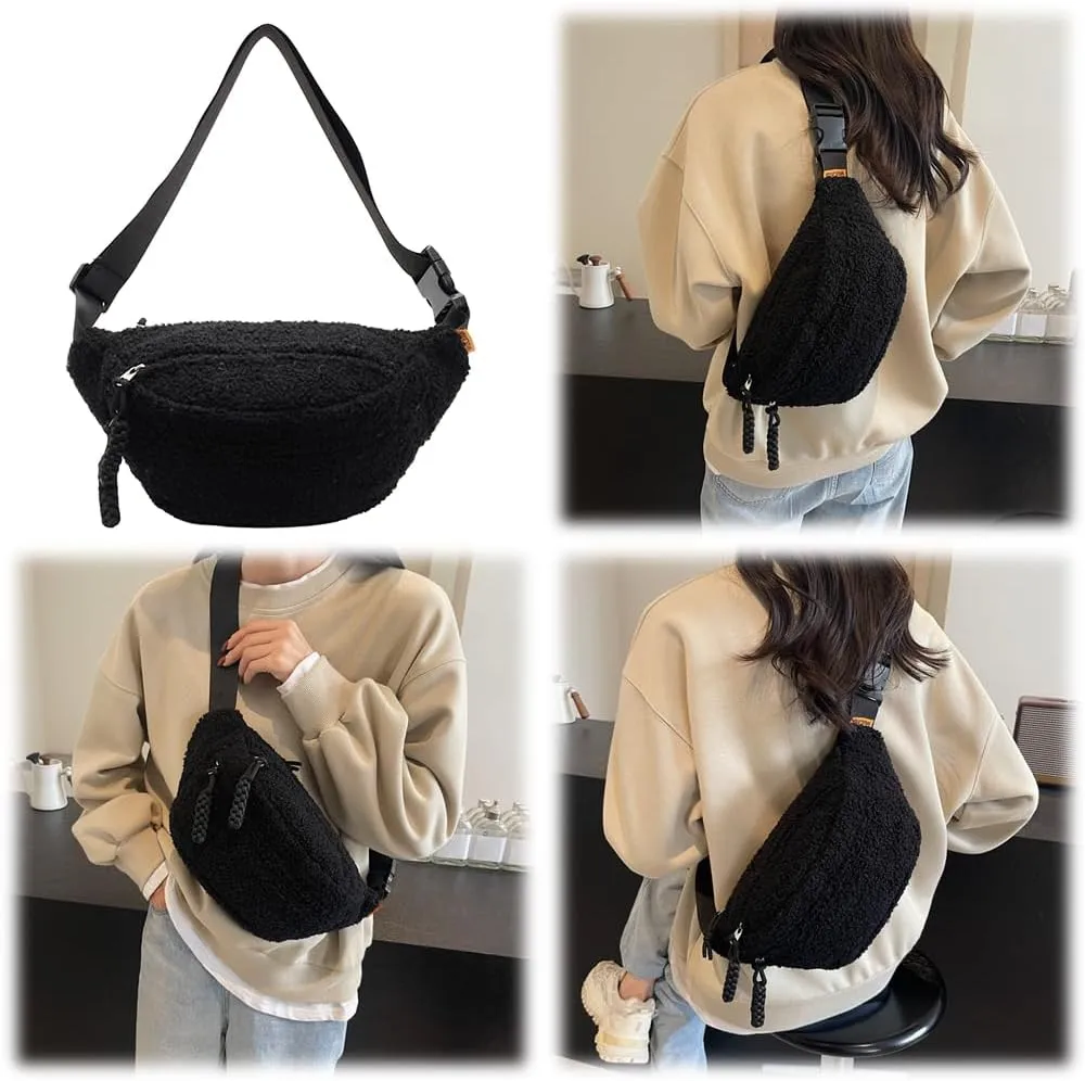 Fleece Sherpa Crossbody Bag for Women Mini Everywhere Belt Bag Trendy Fashionable Cute Waist Pouch Cute Bum Hip Waist Pack Travel Chest Bag (Black)