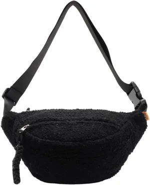 Fleece Sherpa Crossbody Bag for Women Mini Everywhere Belt Bag Trendy Fashionable Cute Waist Pouch Cute Bum Hip Waist Pack Travel Chest Bag (Black)