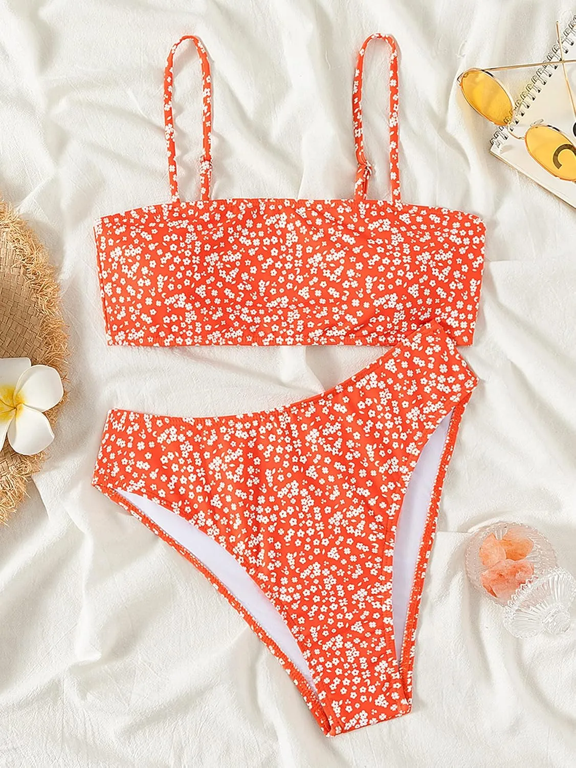 Floerns Women's Bathing Suit Floral Print High Waist 2 Piece Bikini Swimsuit
