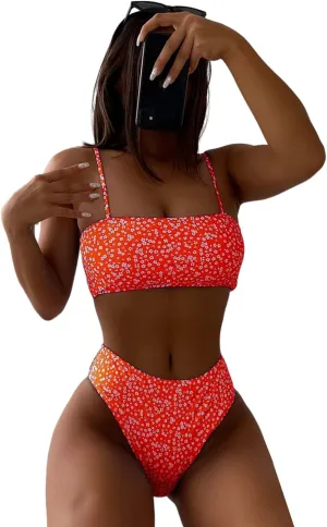 Floerns Women's Bathing Suit Floral Print High Waist 2 Piece Bikini Swimsuit