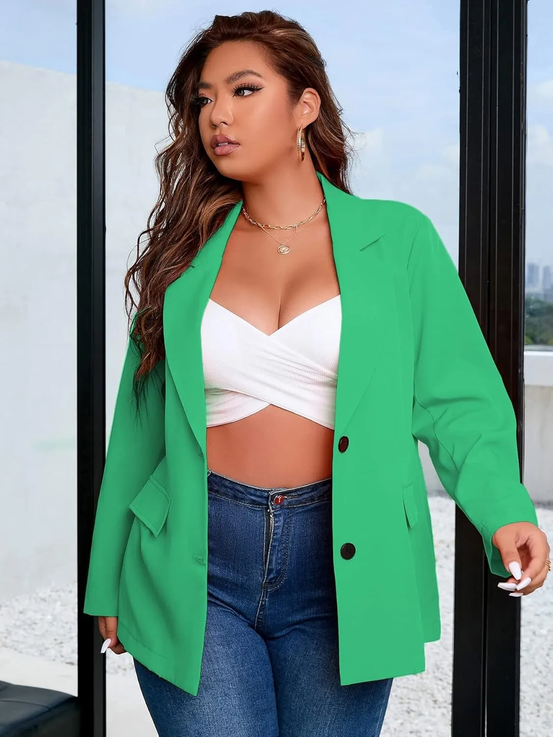 Floerns Women's Plus Size Long Sleeve Lapel Open Front Work Office Blazer Jacket
