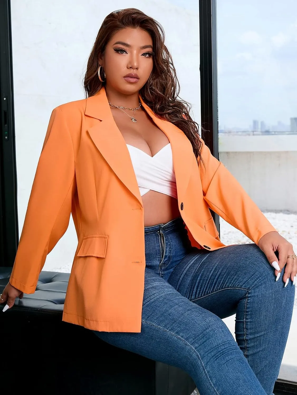Floerns Women's Plus Size Long Sleeve Lapel Open Front Work Office Blazer Jacket