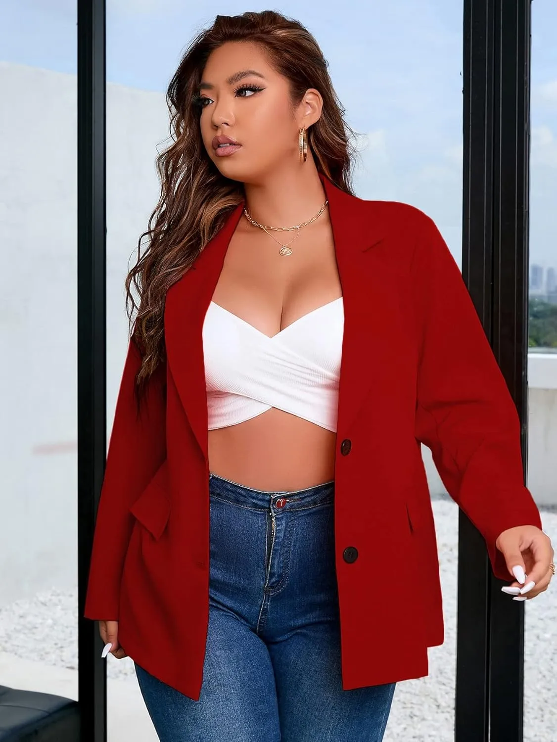 Floerns Women's Plus Size Long Sleeve Lapel Open Front Work Office Blazer Jacket
