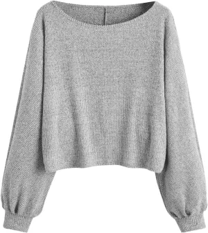 Floerns Women's Solid Boat Neck Long Lantern Sleeve Pullover Thin Sweater Top