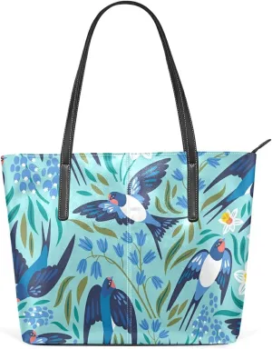 Flying Swallows Flowers Tote Bag for Women Leather Shoulder Handbag with Zipper and Pockets Fashion Casual Handle Bag Purse for Travel Beach Working Laptop School Gym Shopping