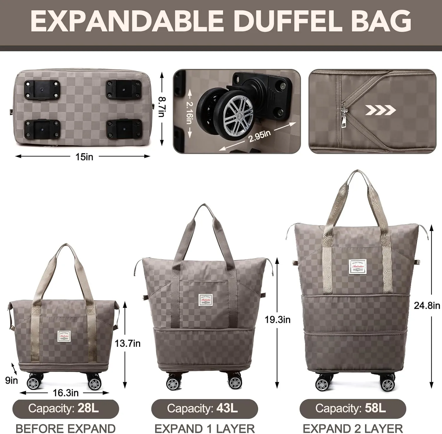 Foldable Travel Duffel Bag, Expandable Duffle Bag with Wheels, Lightweight Luggage Bags for Travel Carry on, Women Large Expandable Foldable Travel Bags Organizer for Luggage
