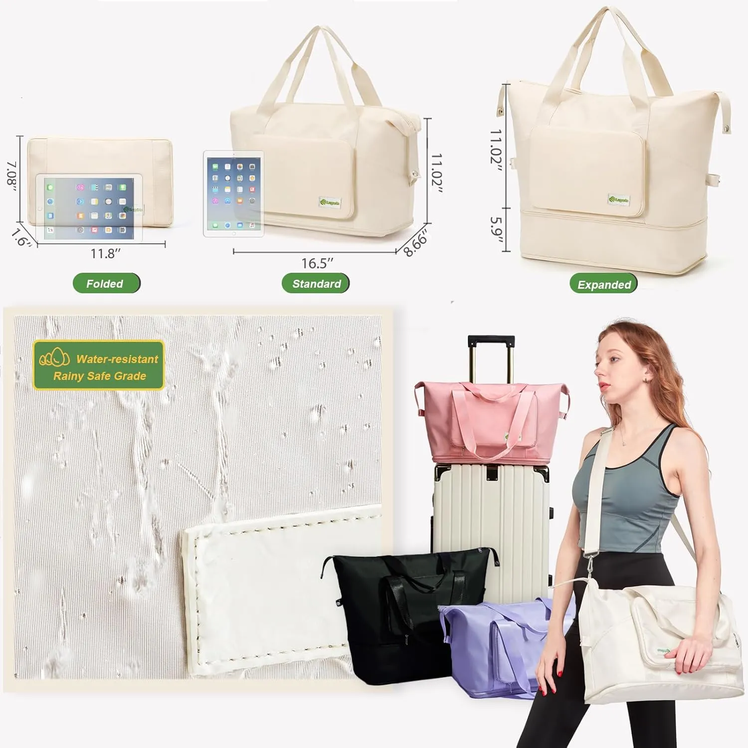 Foldable Travel Duffel Bag for Women, Water Resistant Personal Item/Carry Bag, Overnight Weekender Bag with Wet Compartment