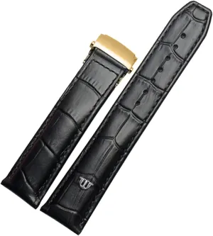 for Maurice Lacroix Watchbands Genuine Leather Watch Strap 20mm 22mm Folding Buckle Leisure Business Cow Leather Bracelet (Color : Black Gold Buckle, Size : 22mm)