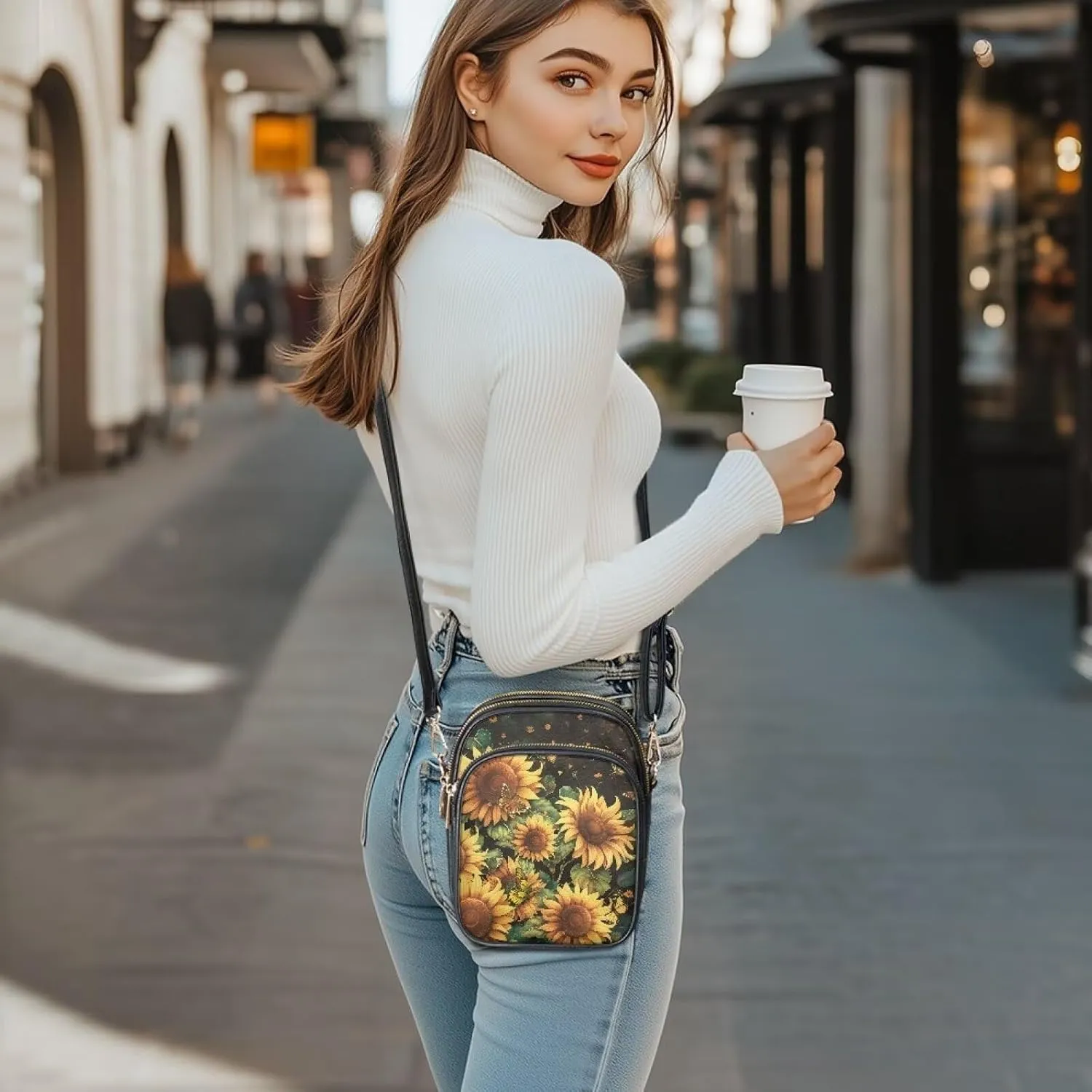 FOR U DESIGNS Sunflower Crossbody Bags for Women Leather Hobo Satchel Purses Multi Zipper Pockets Trendy Shoulder Bag