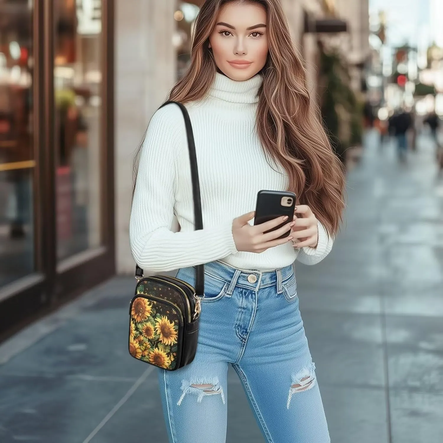 FOR U DESIGNS Sunflower Crossbody Bags for Women Leather Hobo Satchel Purses Multi Zipper Pockets Trendy Shoulder Bag