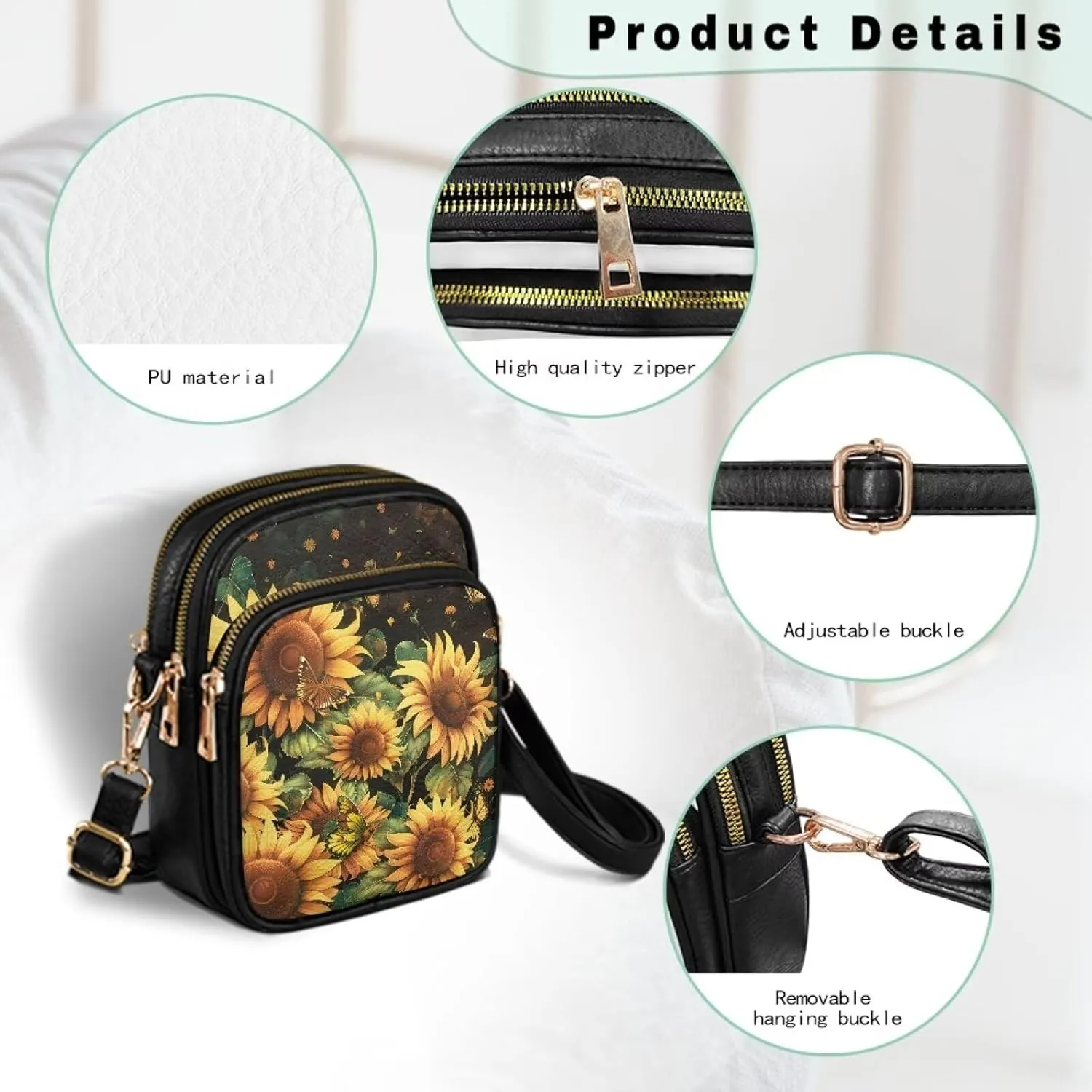 FOR U DESIGNS Sunflower Crossbody Bags for Women Leather Hobo Satchel Purses Multi Zipper Pockets Trendy Shoulder Bag
