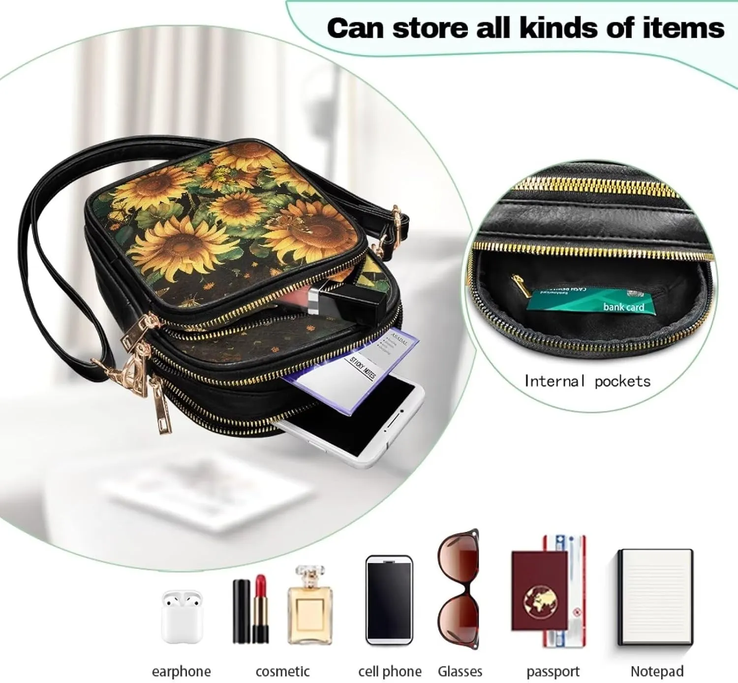FOR U DESIGNS Sunflower Crossbody Bags for Women Leather Hobo Satchel Purses Multi Zipper Pockets Trendy Shoulder Bag