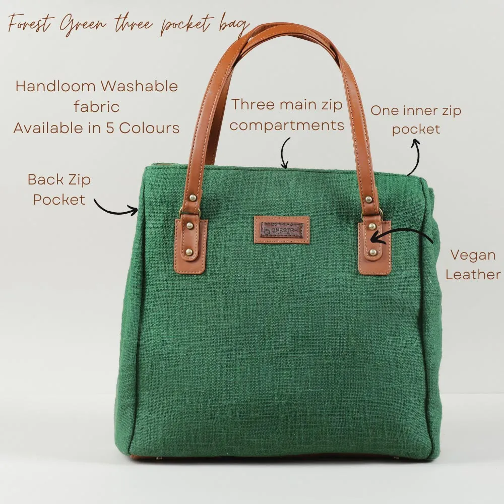 Forest Green three pocket tote bag