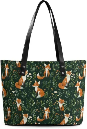 Foxes And Flowers Plants Women's Tote Shoulder Bag Handbag Top Handle Leather 29 * 34 * 14cm