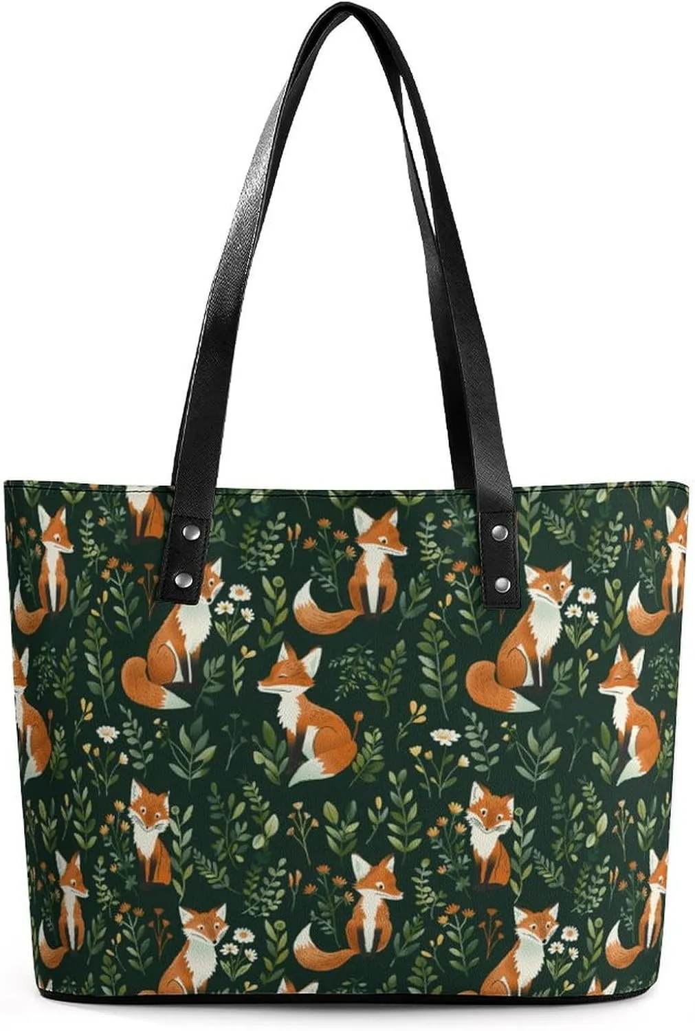 Foxes And Flowers Plants Women's Tote Shoulder Bag Handbag Top Handle Leather 29 * 34 * 14cm