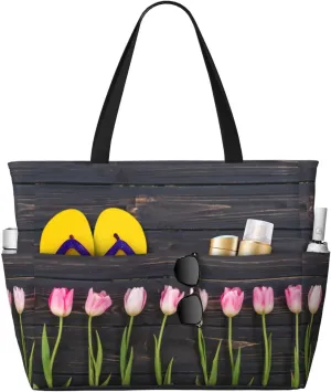 Freshly Picked Tulips Beach Bag Women Tote Bag Pool Bag With Zipper For Gym Grocery Travel With Wet Pocket