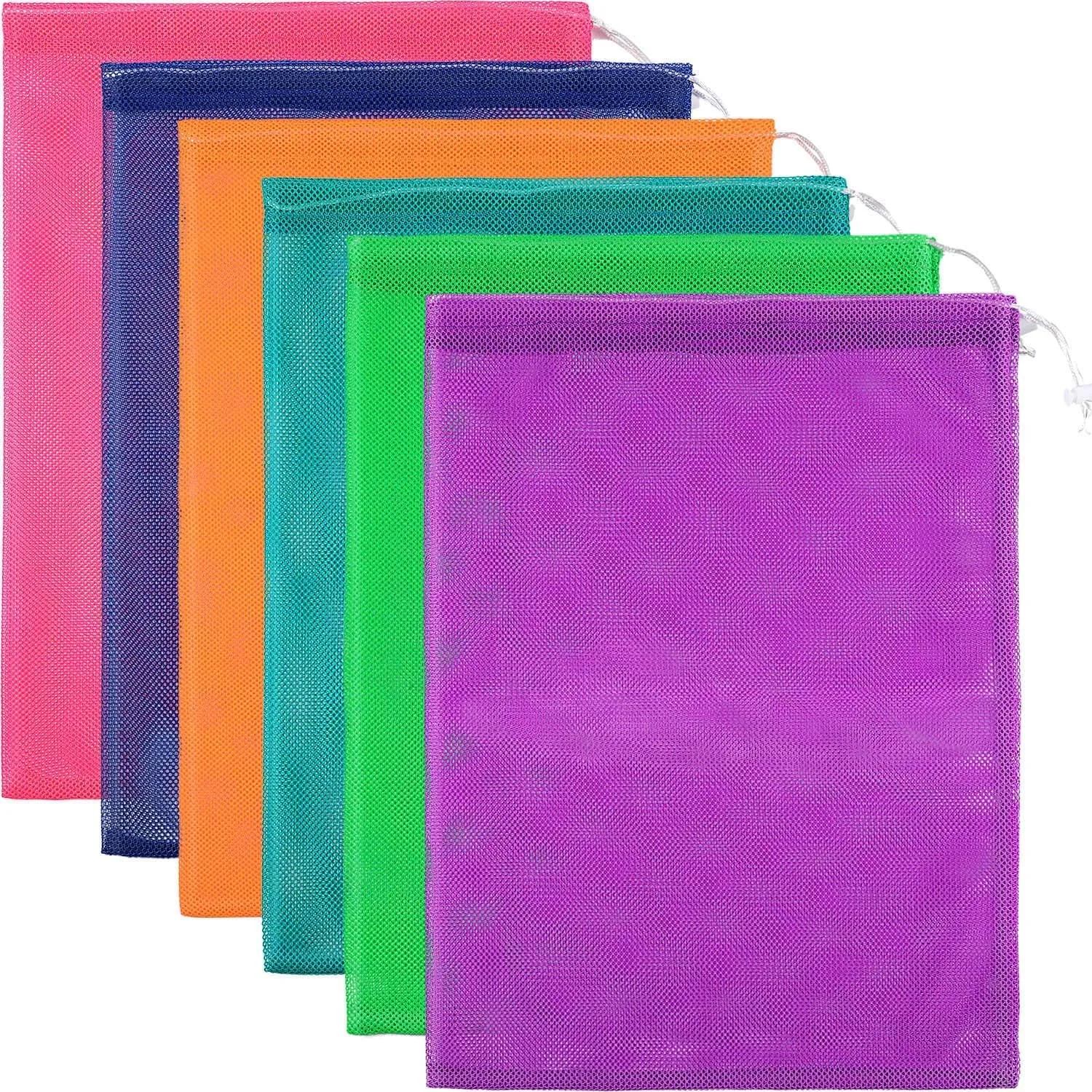 Frienda 6 Pieces Mesh Stuff Sack, 15 x 22 Inch Durable Nylon Mesh Drawstring Laundry Bag for Rinsing Beach Toys, Seashell Collecting, Mesh Bags and Travel (Multicolor)