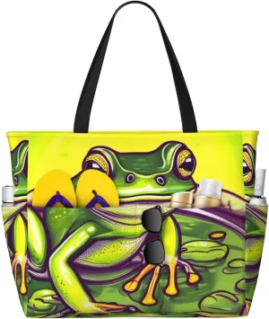 Frog in a pond Print 28L Beach Tote Bag, Water-resistant Travel Tote, Lightweight Gym & Camping Carryall