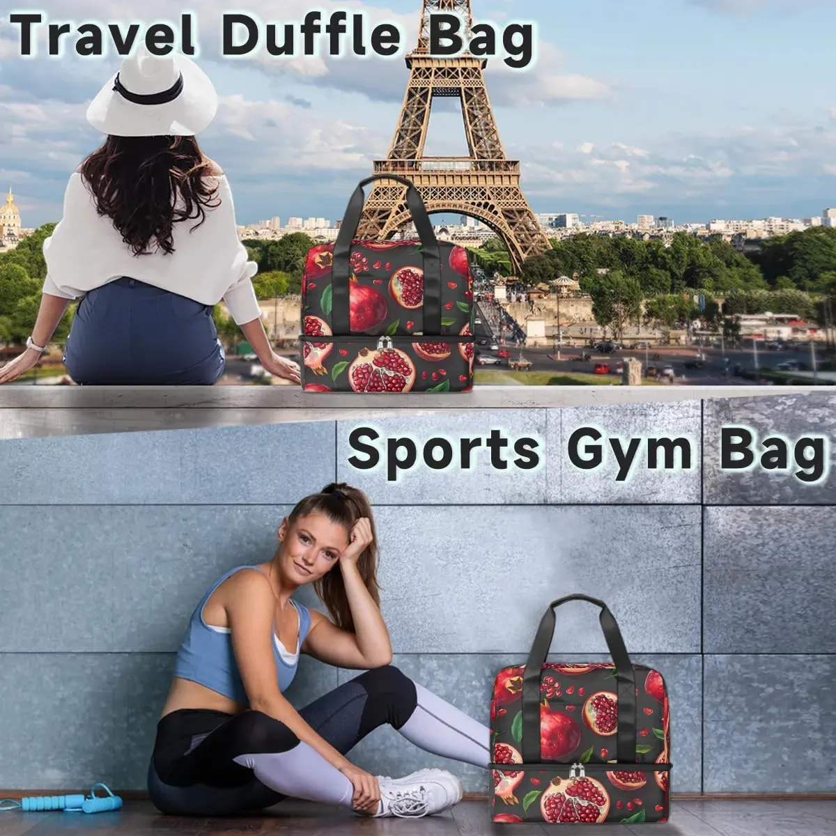 Fruit Pomegranate Travel Duffel Bag Dry Wet Separated Sports Tote Travel Duffle Bag Gym Workout Bag Women Travel Duffel Bag for Women, Travel, Gym, Work