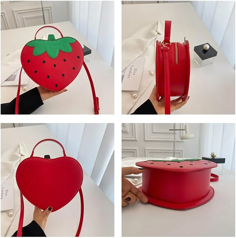 Fruit Strawberry Shaped Shoulder Bag, PU Leather Mini Sweet Cartoon Crossbody Purse, Novelty Cute Top Handle Handbag Satchel