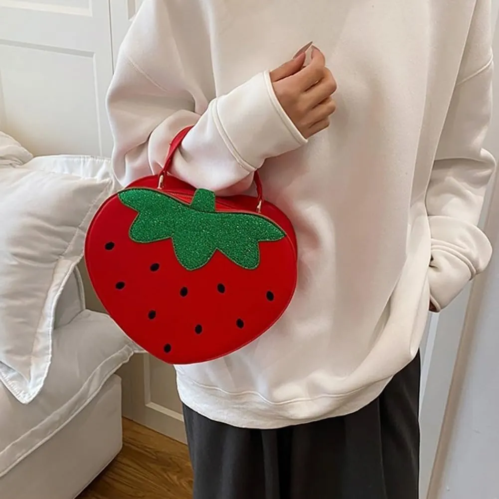 Fruit Strawberry Shaped Shoulder Bag, PU Leather Mini Sweet Cartoon Crossbody Purse, Novelty Cute Top Handle Handbag Satchel