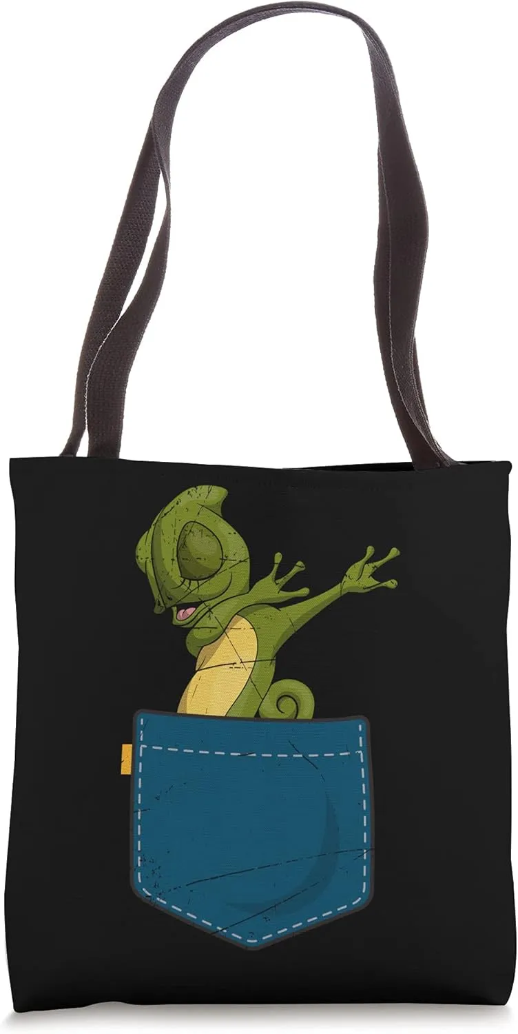 Funny Dabbing Animal Lizard Reptile Lover Pocket Chameleon Tote Bag