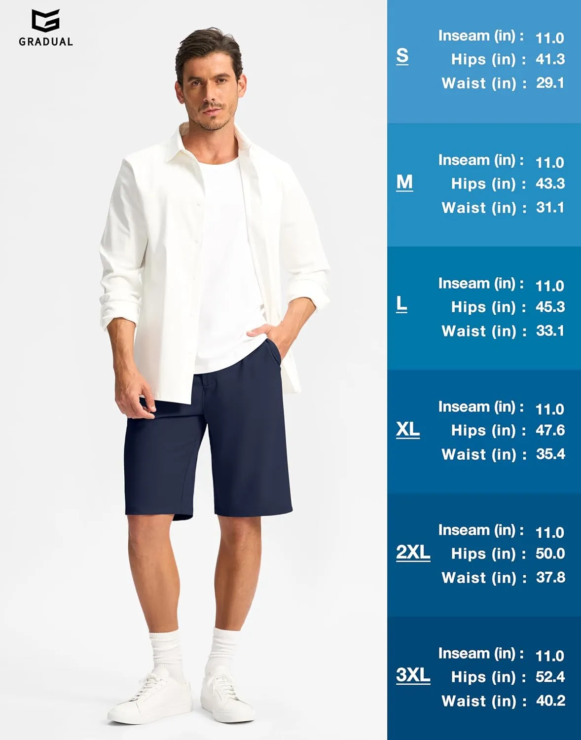 G Gradual Casual Shorts for Men 11" Lightweight Men's Golf Shorts Stretch with 3 Pockets Quick Dry Summer Breathable Shorts