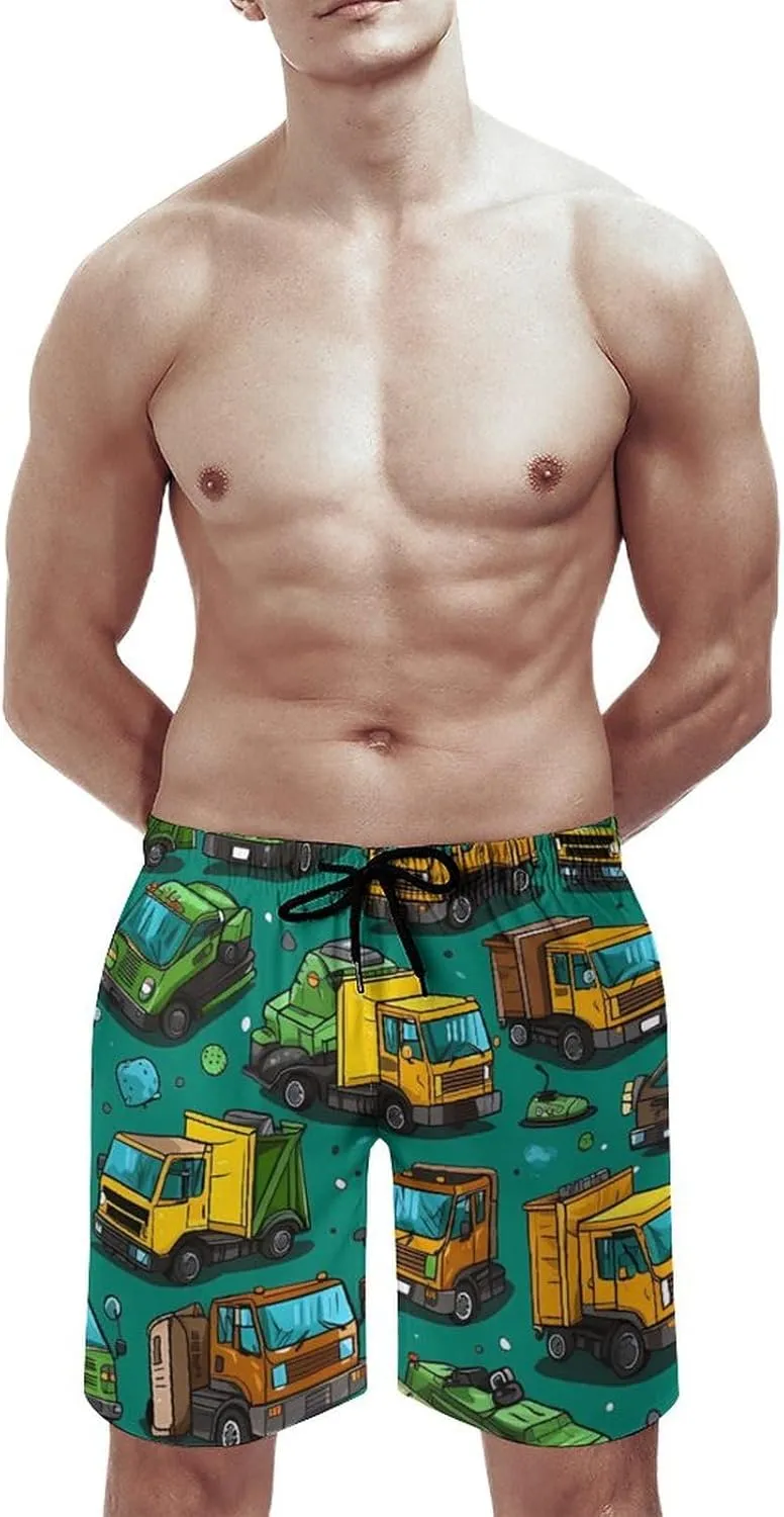 Garbage Truck Busy Day Men's Swim Trunks Quick Dry Bathing Suit Beach Shorts with Mesh Lining