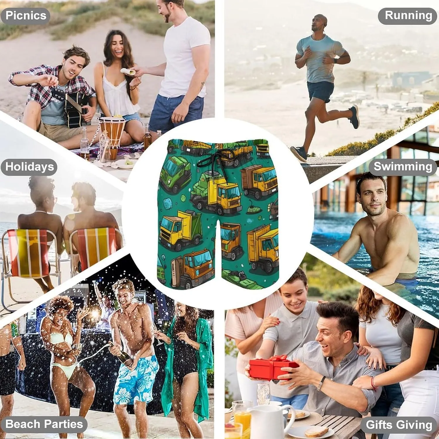 Garbage Truck Busy Day Men's Swim Trunks Quick Dry Bathing Suit Beach Shorts with Mesh Lining