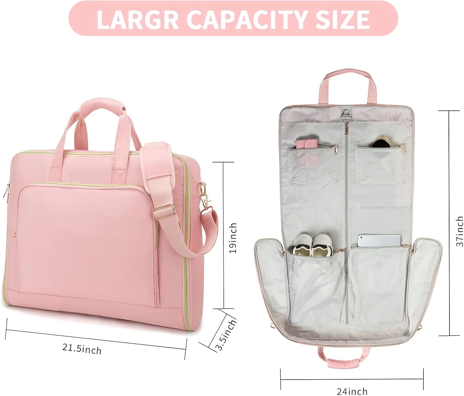 Garment Bag for Travel,Large Hanging Luggage Garment Bag Suit Bag with Adjustable Shoulder Strap Carry On Garment Bag Dress Bag for Women,Pink