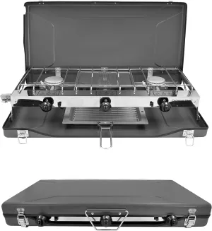 Gas Camping Stove, Portable Cooking Stove, 3-Burner Camping Stove with Griddle, Regulator, Toast Tray, Windshield for Car Camping BBQ