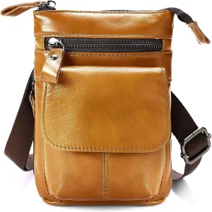Genuine Leather Brown Small Messenger Sling Shoulder Satchel Waist Bag Pack for Men Women Outdoor Travel Business