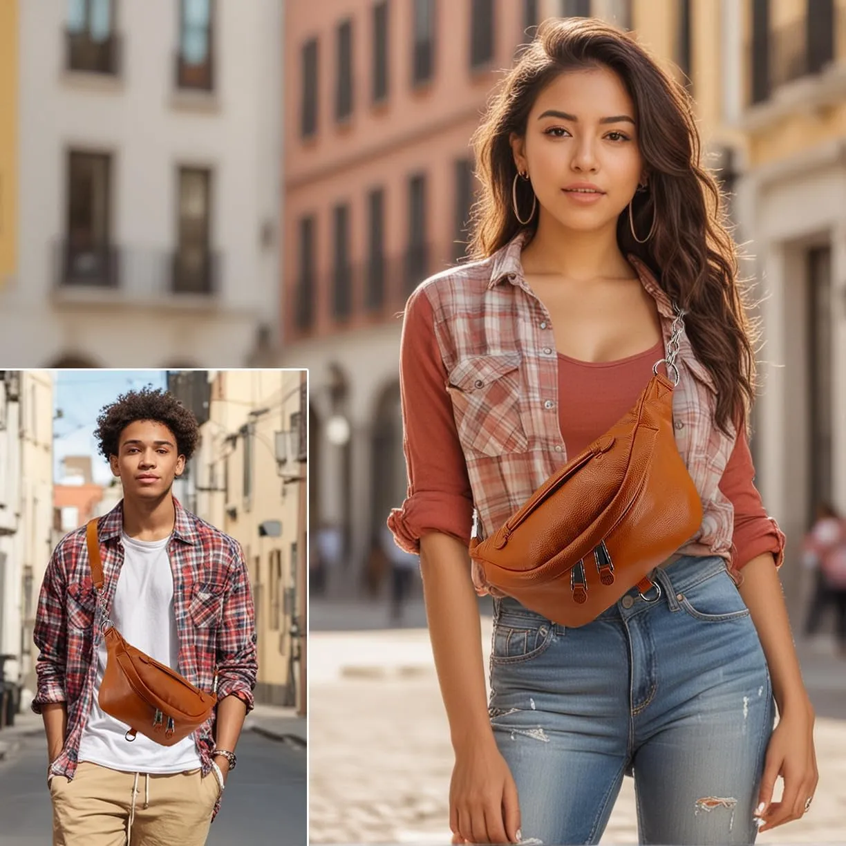 Genuine Leather Crossbody Fanny Packs for Women Men,Medium Unisex Commuter Belt Bag Waist Bag,Casual Sling Purse Shoulder Bag,Trendy Bum Bag With Adjustable Wide Strap for Work Travel (Brown)