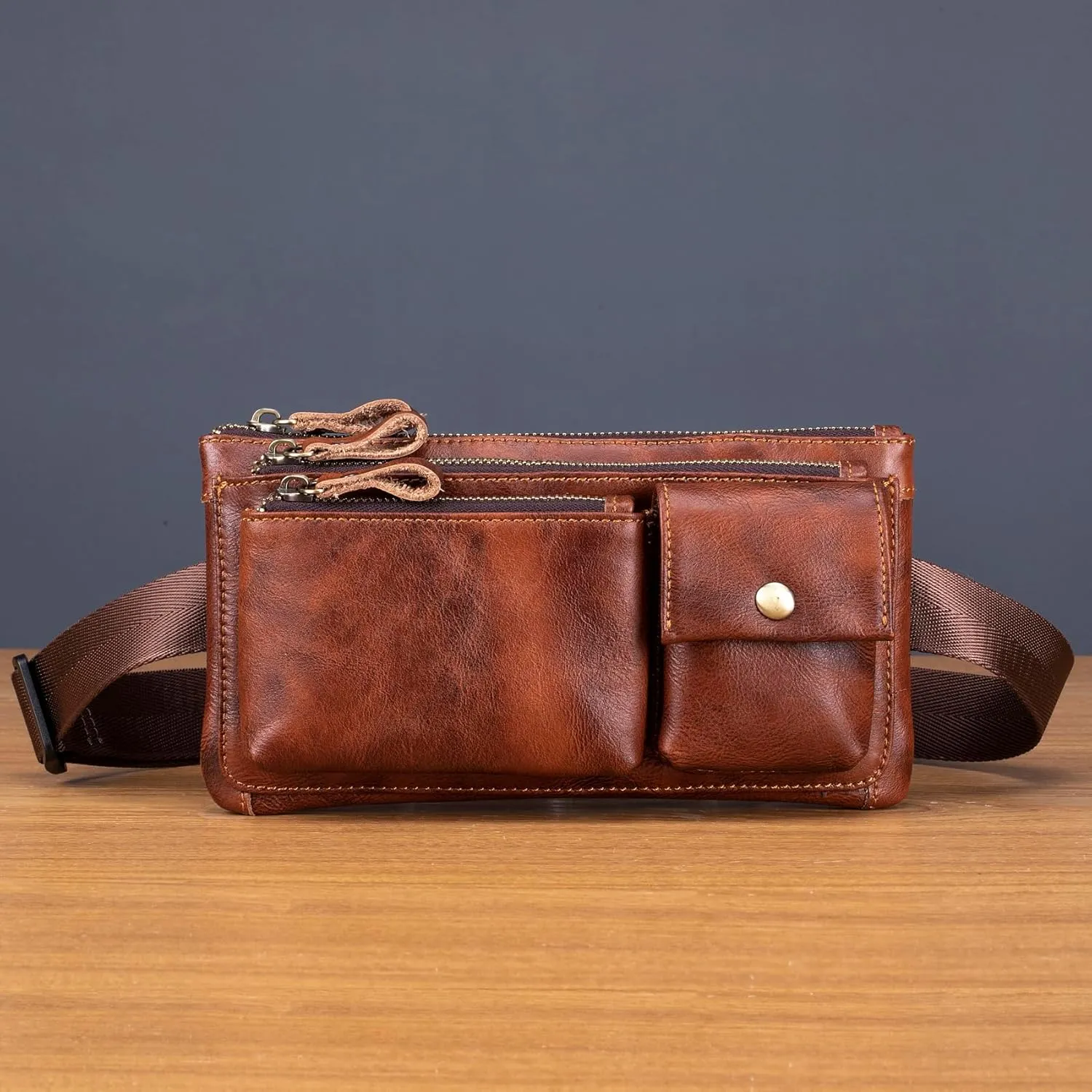 Genuine Leather Fanny Pack Waist Bag for Men Women Clutch Bag Hip Bum Bag Travel Pouch Sling Bag Crossbody Chest Bags Shoulder Daypack Multiple Pockets Waist Pack Brown