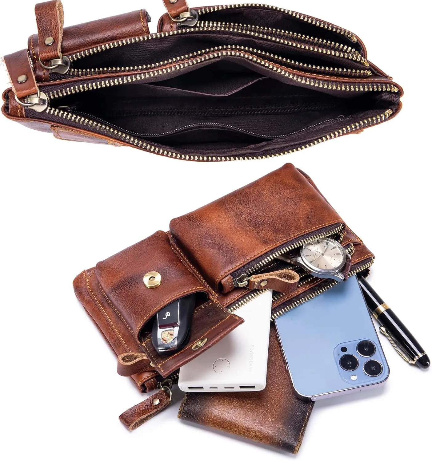 Genuine Leather Fanny Pack Waist Bag for Men Women Clutch Bag Hip Bum Bag Travel Pouch Sling Bag Crossbody Chest Bags Shoulder Daypack Multiple Pockets Waist Pack Brown
